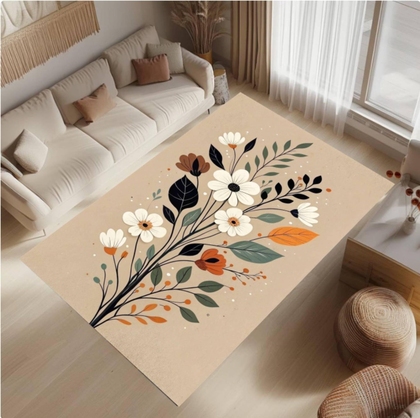 Floral Area Rug, Boho Flower Carpet, Washable Non-Slip Mat