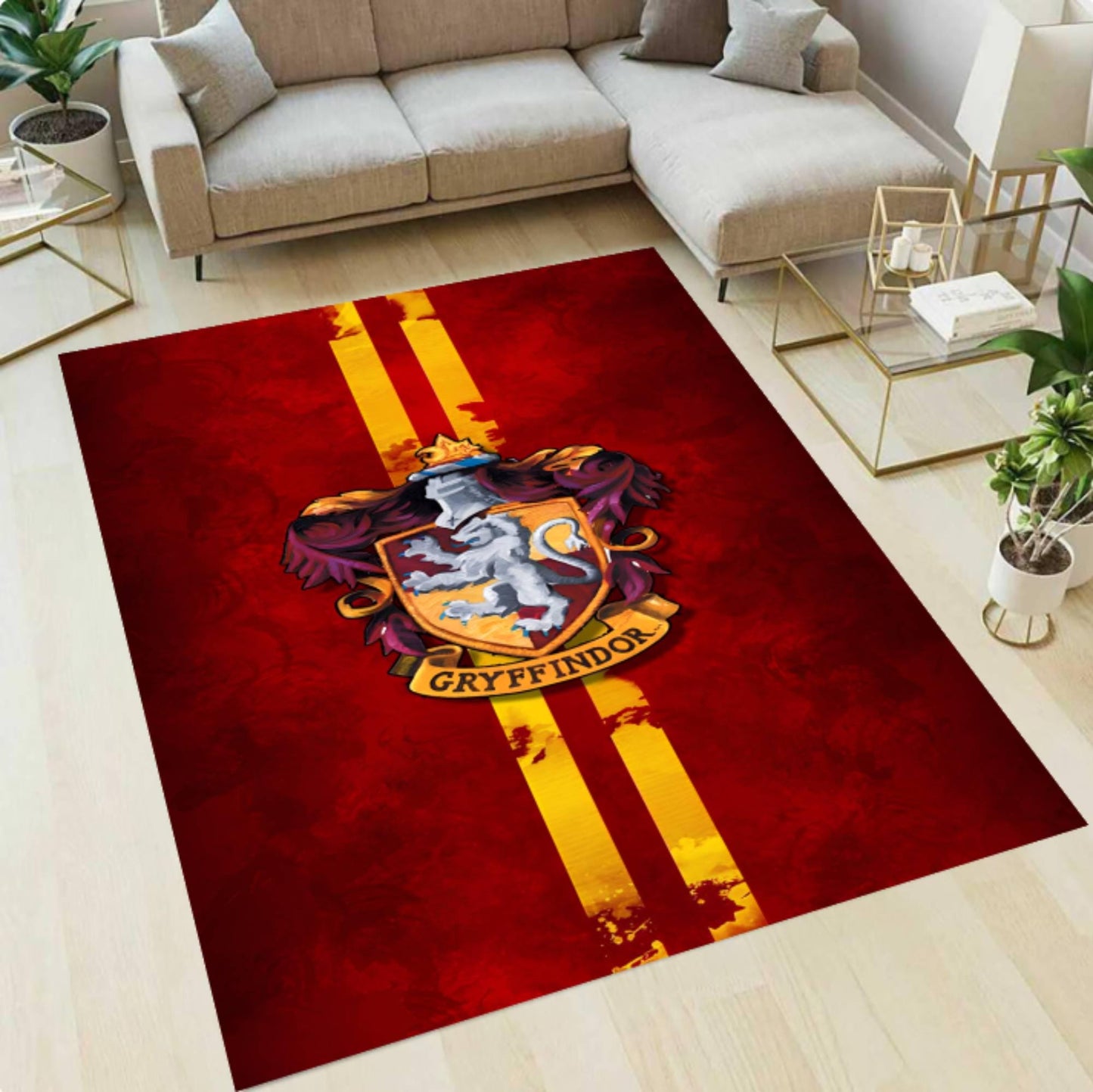 Gryffindor rug with lion emblem on a red background in a living room.