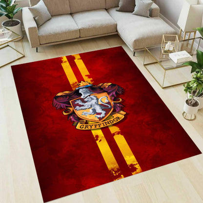 Gryffindor rug with lion emblem on a red background in a living room.