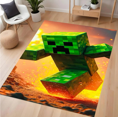 Minecraft-themed rug with a green character on a wooden floor