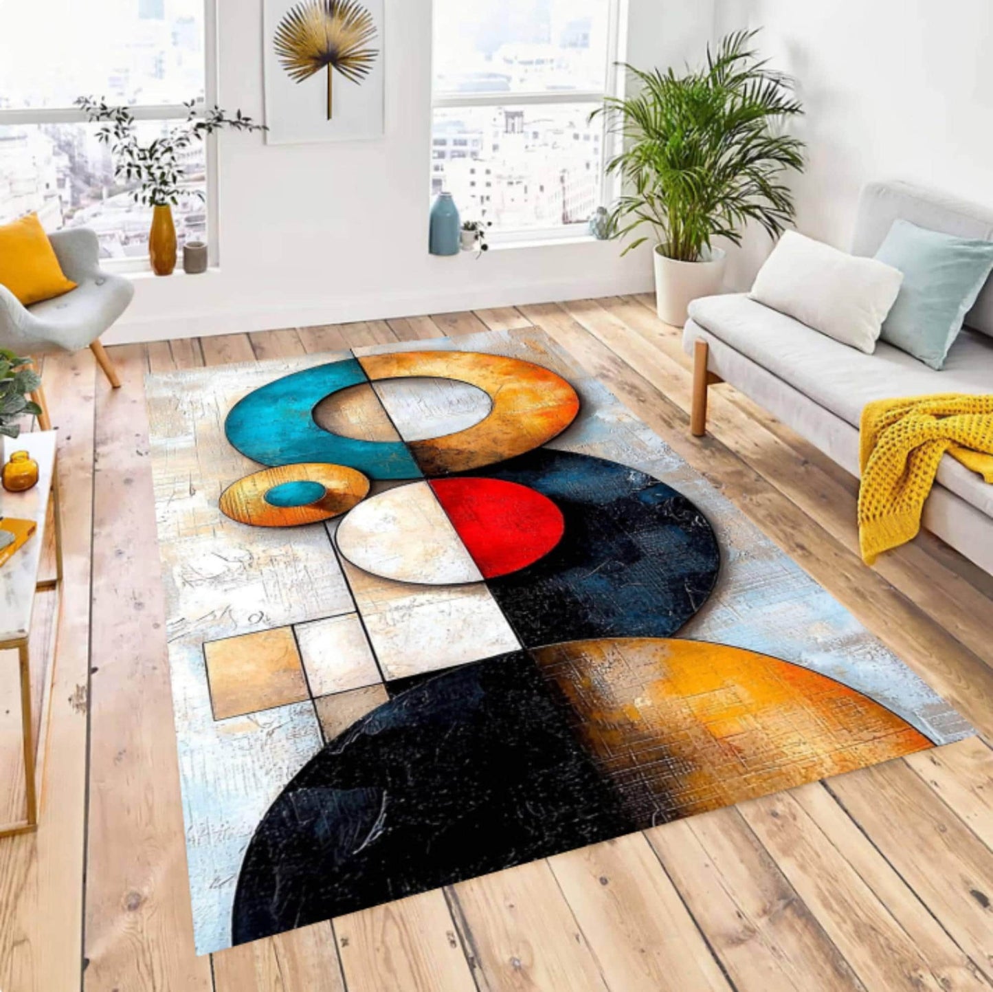 Modern Abstract Rug Geometric Colorful Circles Washable Non-slip Mat