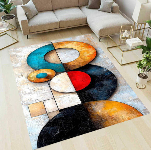 Colorful abstract rug on a wooden floor with a modern living room setting.