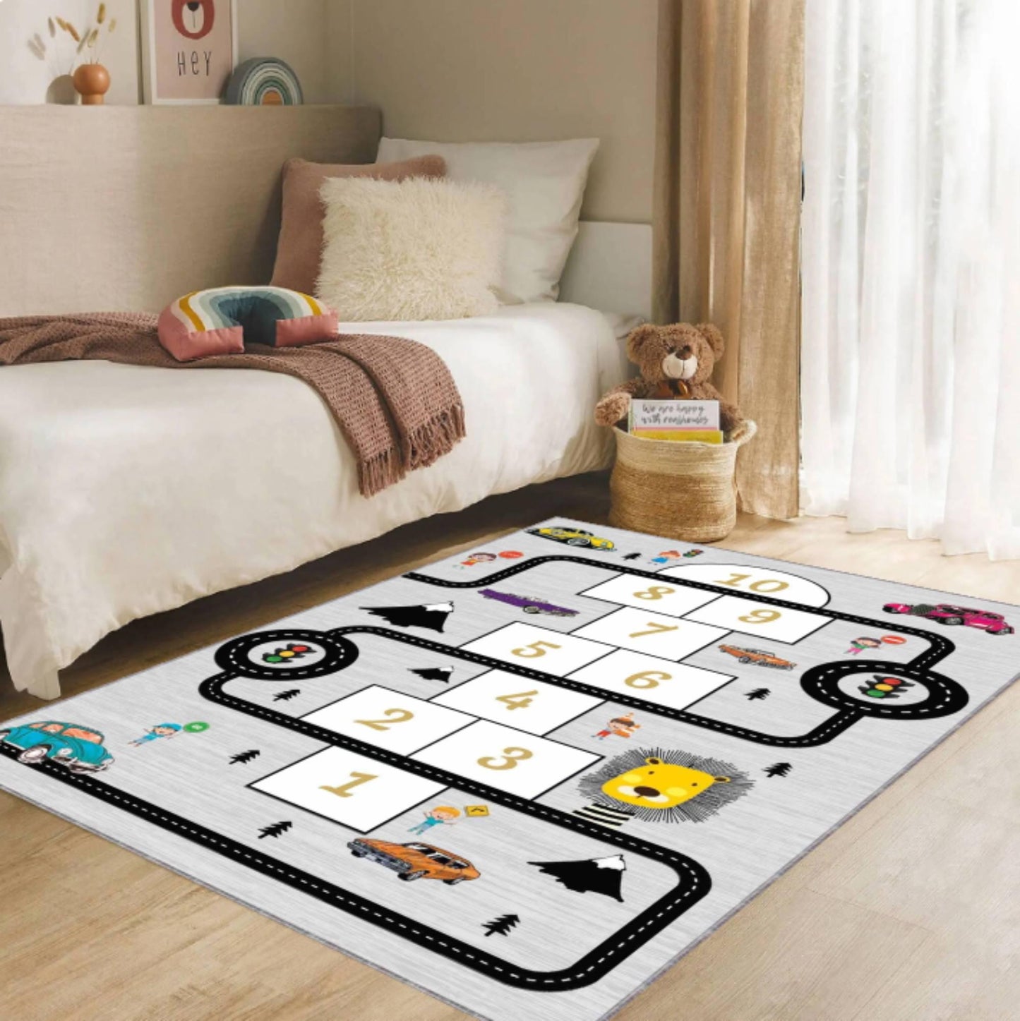 Kids Hopscotch Rug, Car Road Play Mat, Non Slip Nursery Carpet