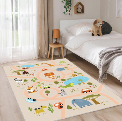 Kids Safari Road Play Rug, Washable Nursery Carpet