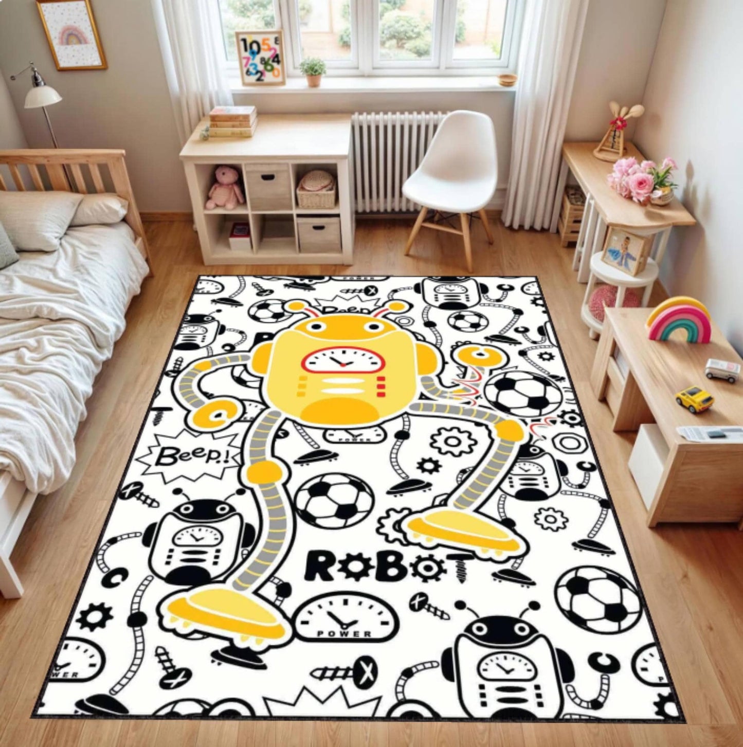 Washable Robot Kids Rug | Non-Slip Playroom Area Carpet