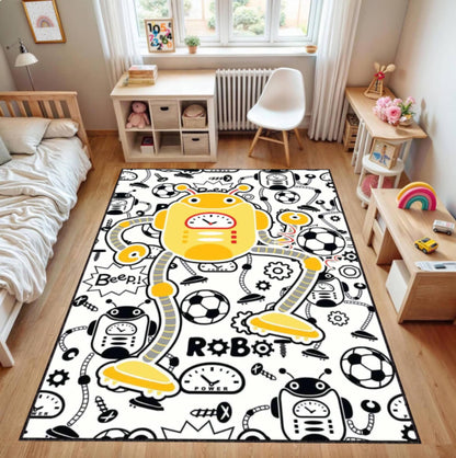Washable Robot Kids Rug | Non-Slip Playroom Area Carpet