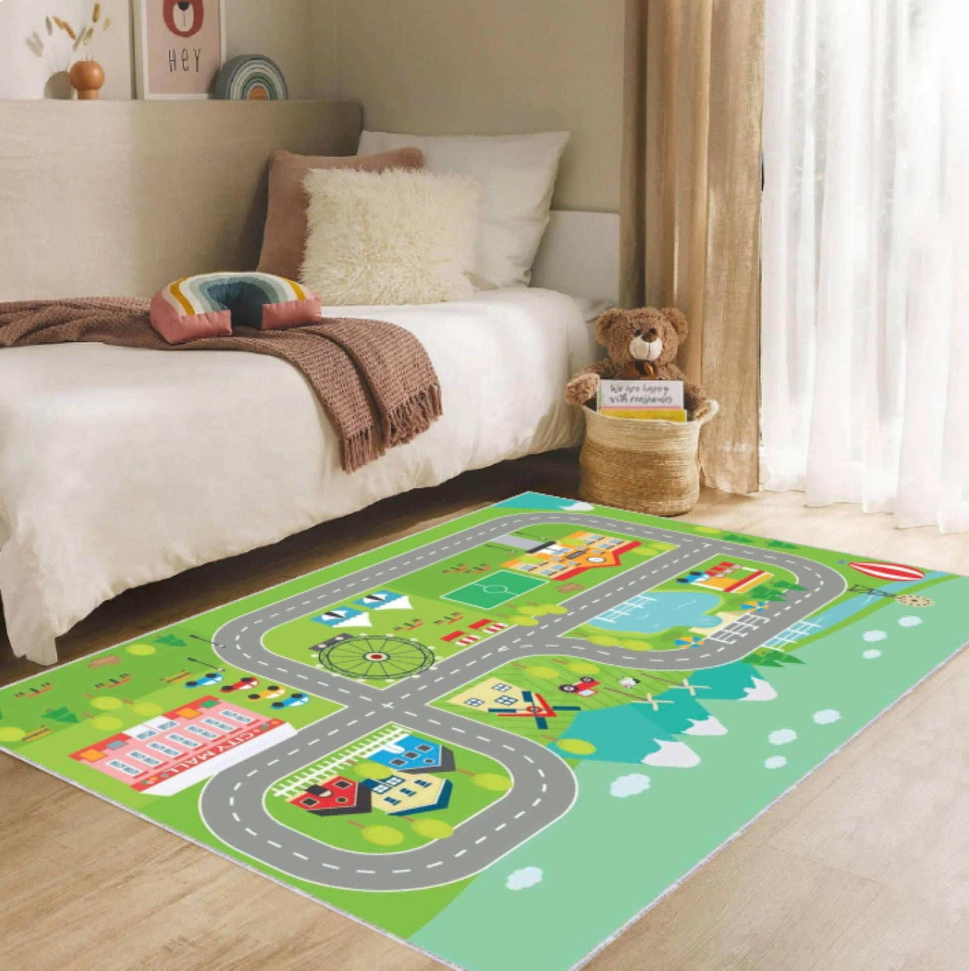 City Map Kids Rug, Washable Playroom Road Carpet, Non Slip