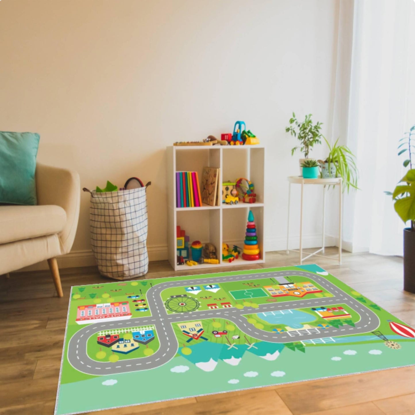 City Map Kids Rug, Washable Playroom Road Carpet, Non Slip