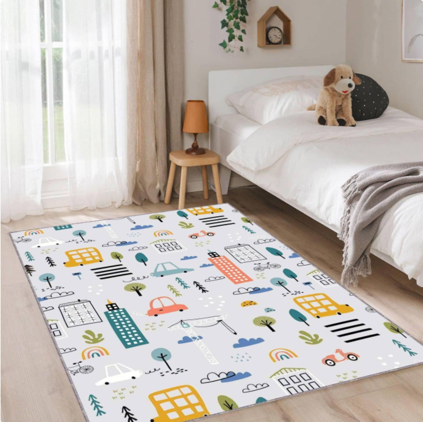City Map Kids Rug | Washable Non-Slip Playroom Area Carpet