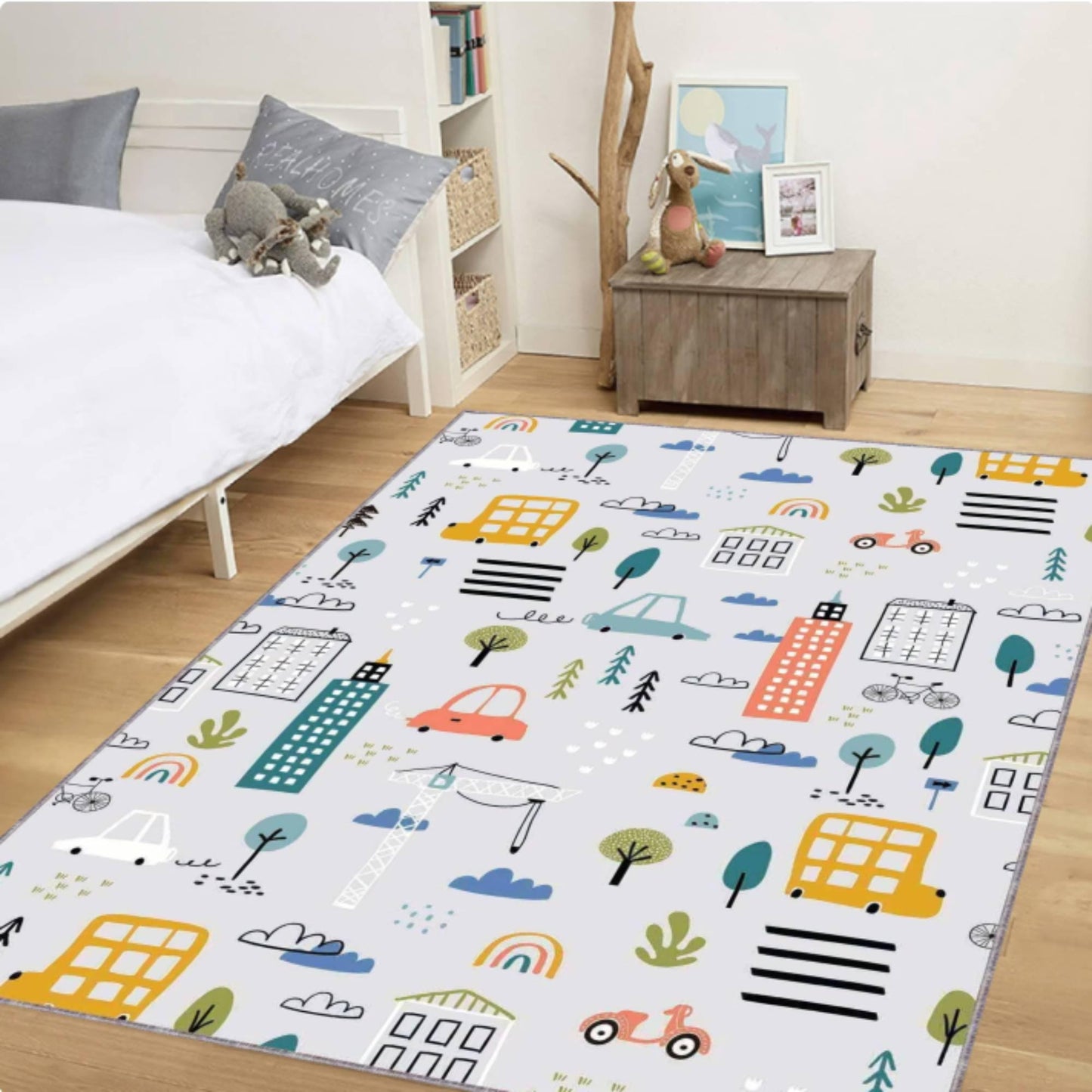 City Pattern Kids Rug, Washable, Non Slip, Modern Playroom Carpet, Cute Town Design Mat, Toddler Room Decor, Nursery Floor Rug, Kids Floor