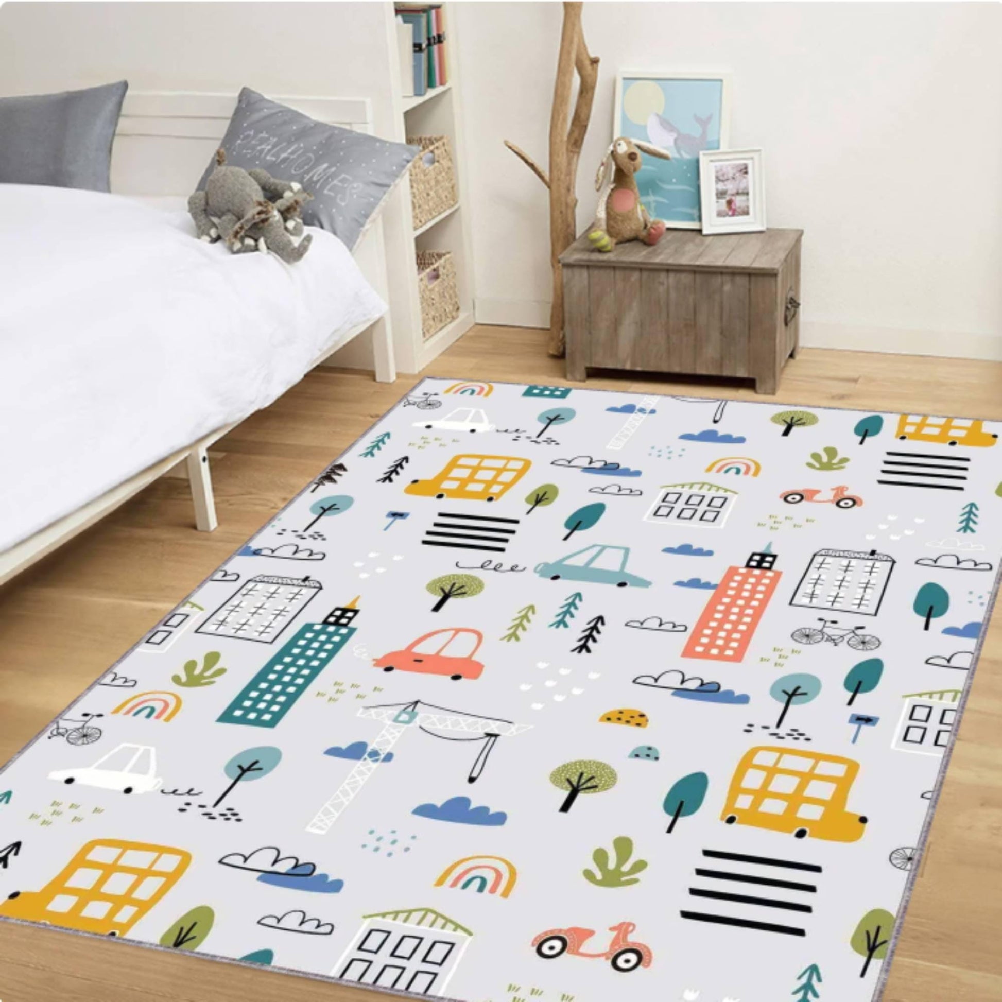 City Pattern Kids Rug, Washable, Non Slip, Modern Playroom Carpet, Cute Town Design Mat, Toddler Room Decor, Nursery Floor Rug, Kids Floor