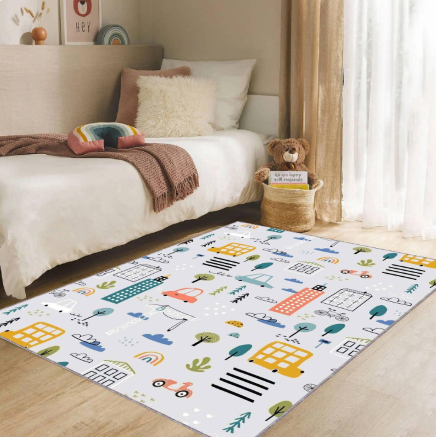 City Map Kids Rug | Washable Non-Slip Playroom Area Carpet