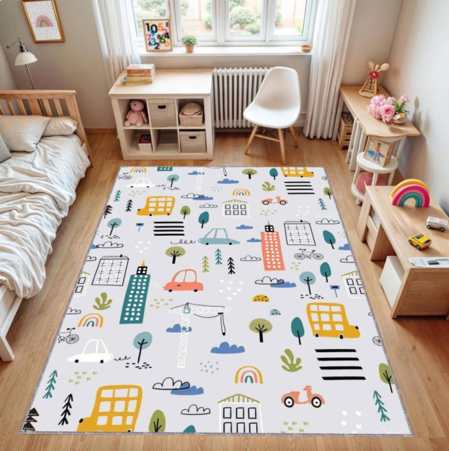 City Map Kids Rug | Washable Non-Slip Playroom Area Carpet