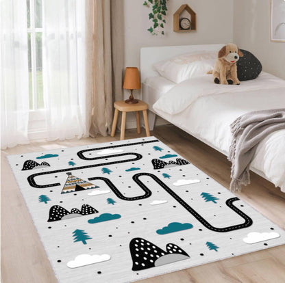 Scandinavian Road Play Kids Rug | Washable Adventure Playroom Carpet