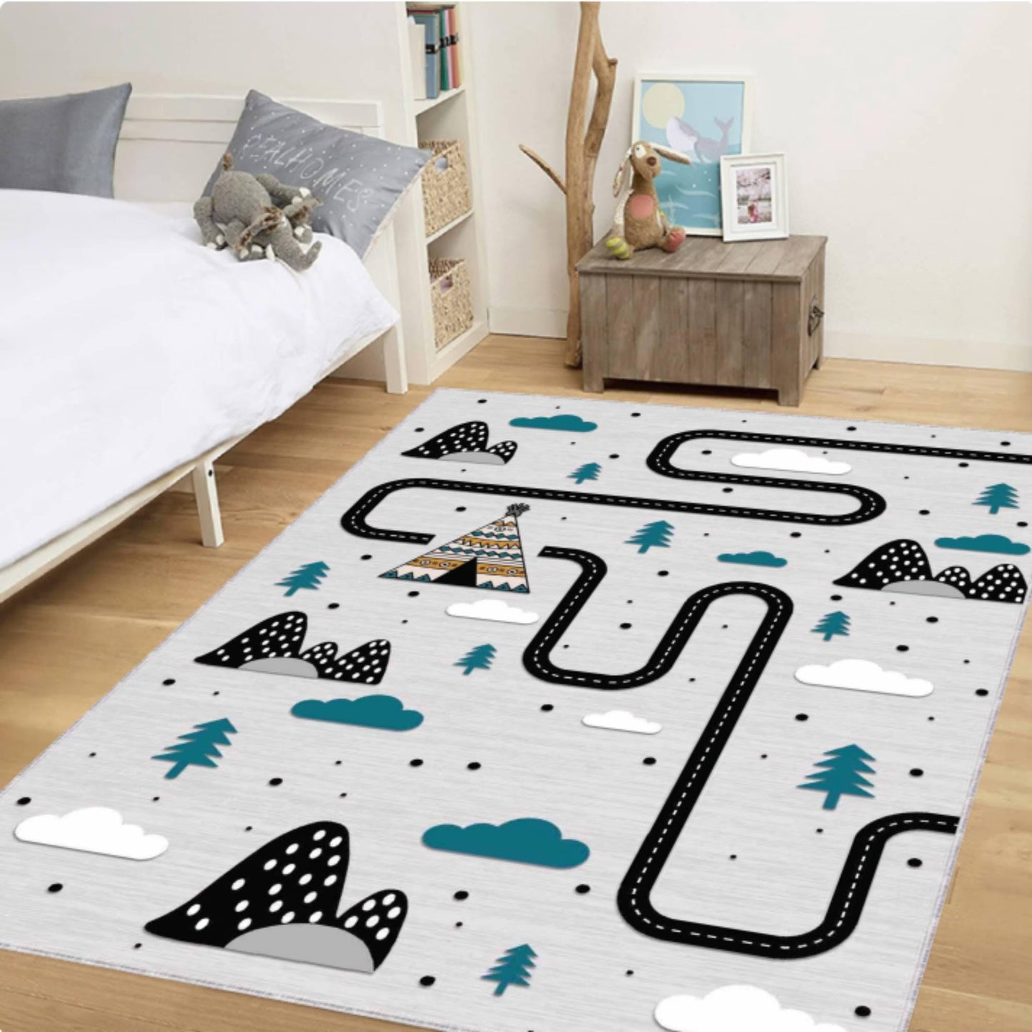 Scandinavian Road Play Kids Rug | Washable Adventure Playroom Carpet