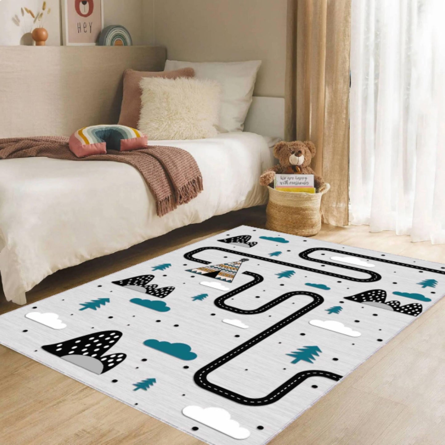 Scandinavian Road Play Kids Rug | Washable Adventure Playroom Carpet