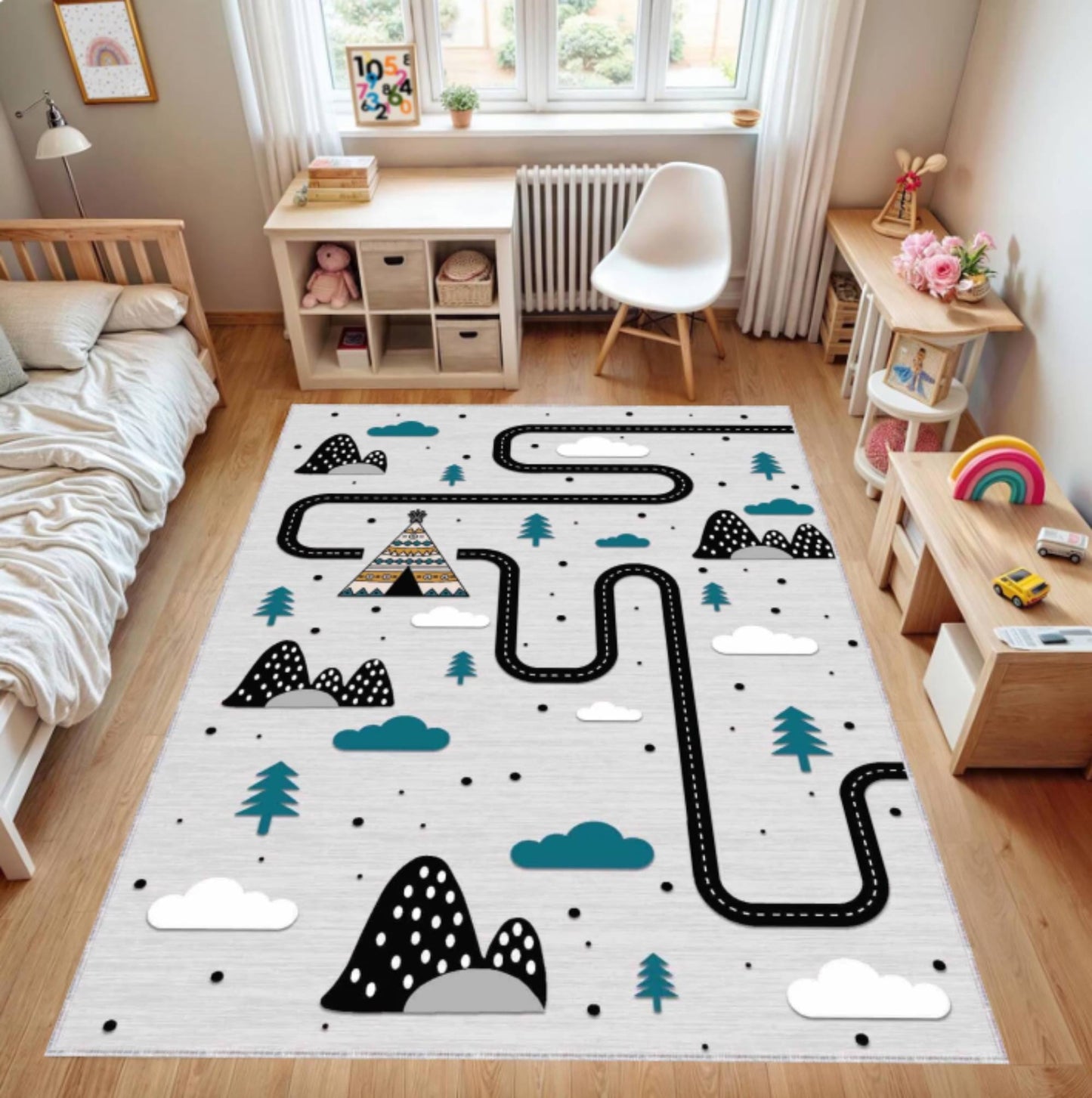 Scandinavian Road Play Kids Rug | Washable Adventure Playroom Carpet
