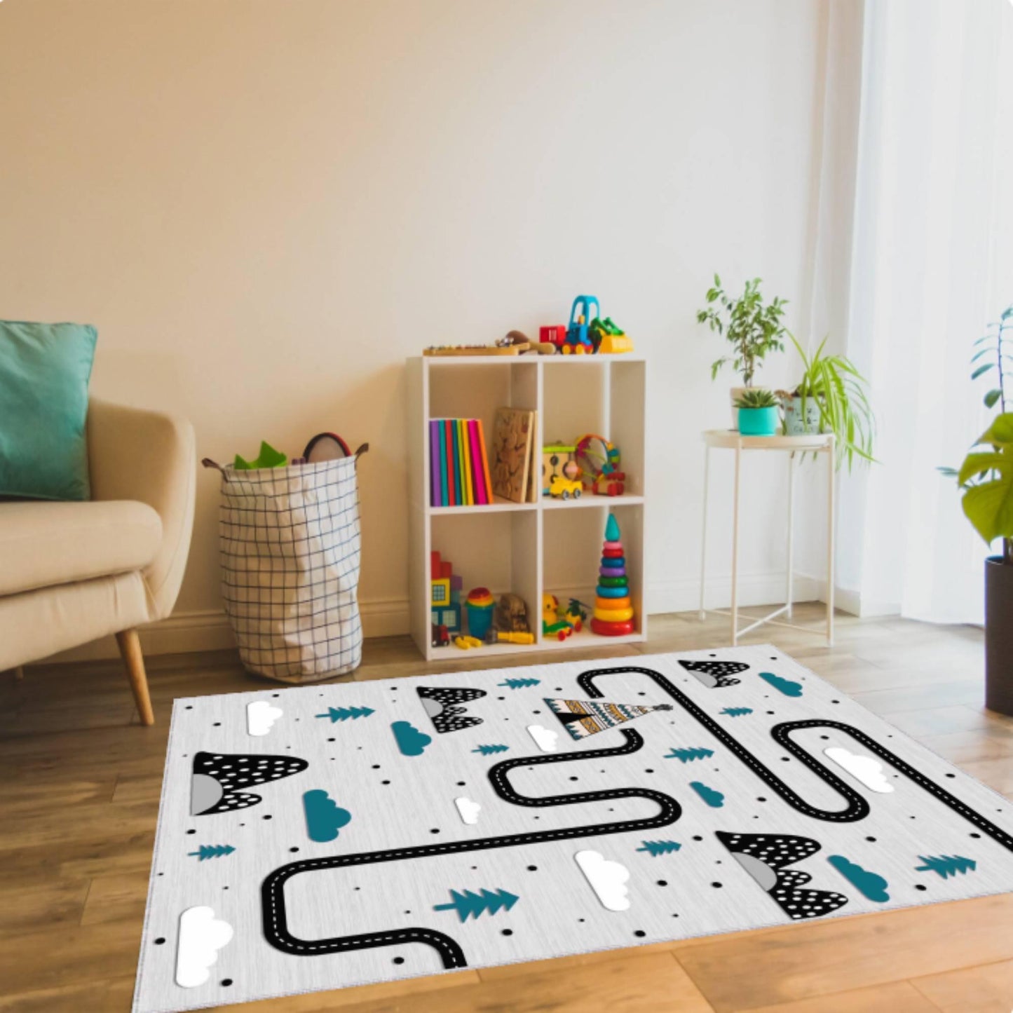 Scandinavian Road Play Kids Rug | Washable Adventure Playroom Carpet