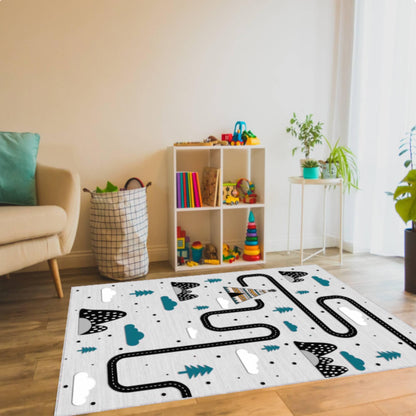 Scandinavian Road Play Kids Rug | Washable Adventure Playroom Carpet
