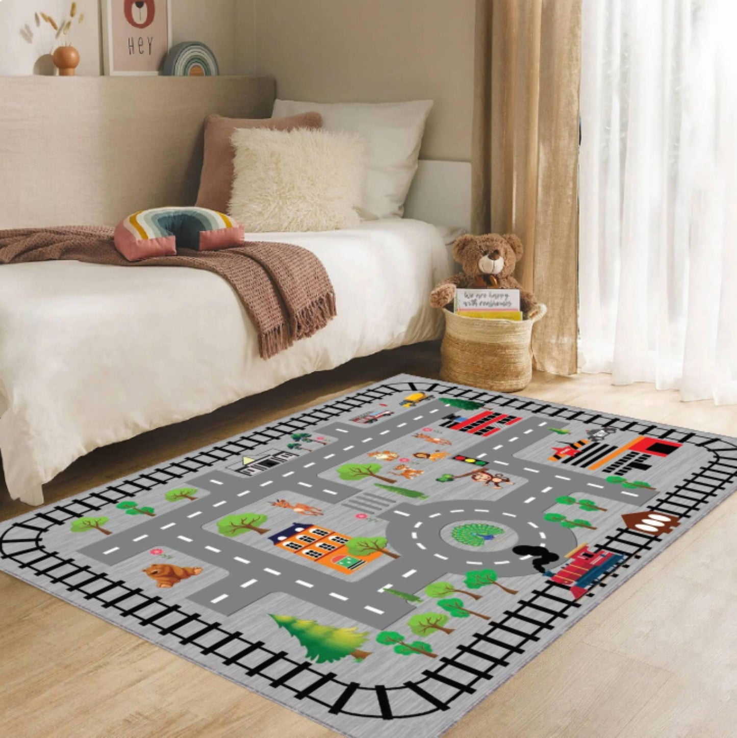 City Road & Train Track Kids Rug | Washable Playroom Area Carpet