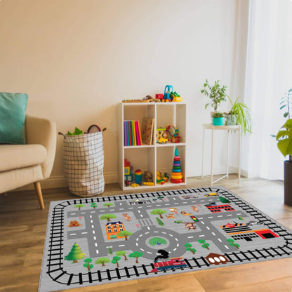 City Road & Train Track Kids Rug | Washable Playroom Area Carpet