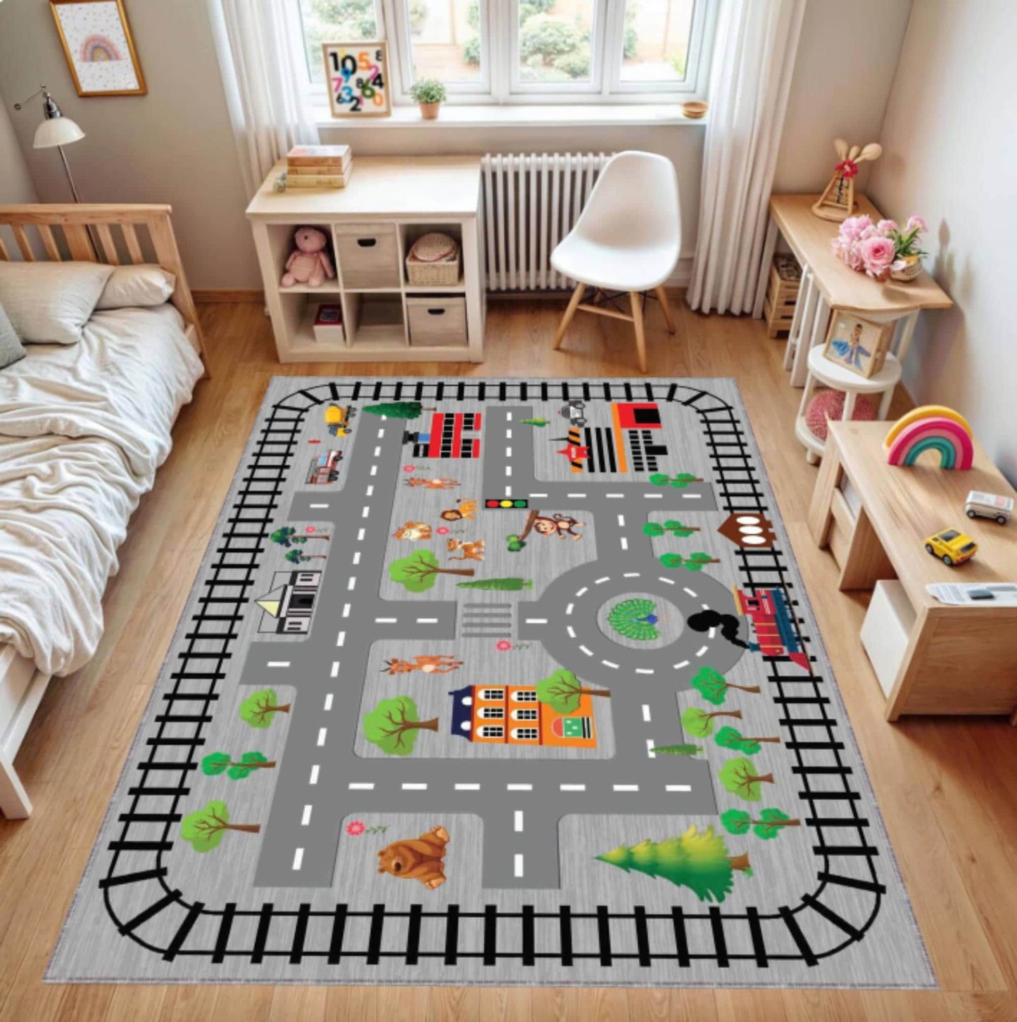 City Road & Train Track Kids Rug | Washable Playroom Area Carpet