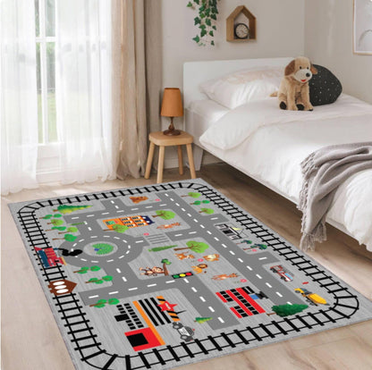 City Road & Train Track Kids Rug | Washable Playroom Area Carpet