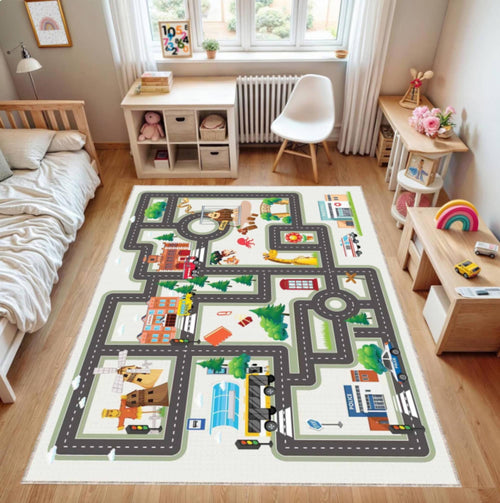 Children's room with a colorful road map rug on the floor.