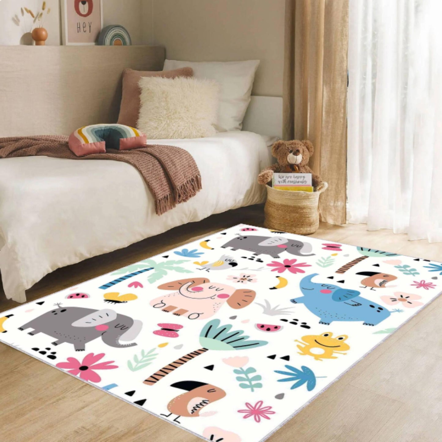 Washable Elephant Safari Kids Rug | Non-Slip Playroom Carpet