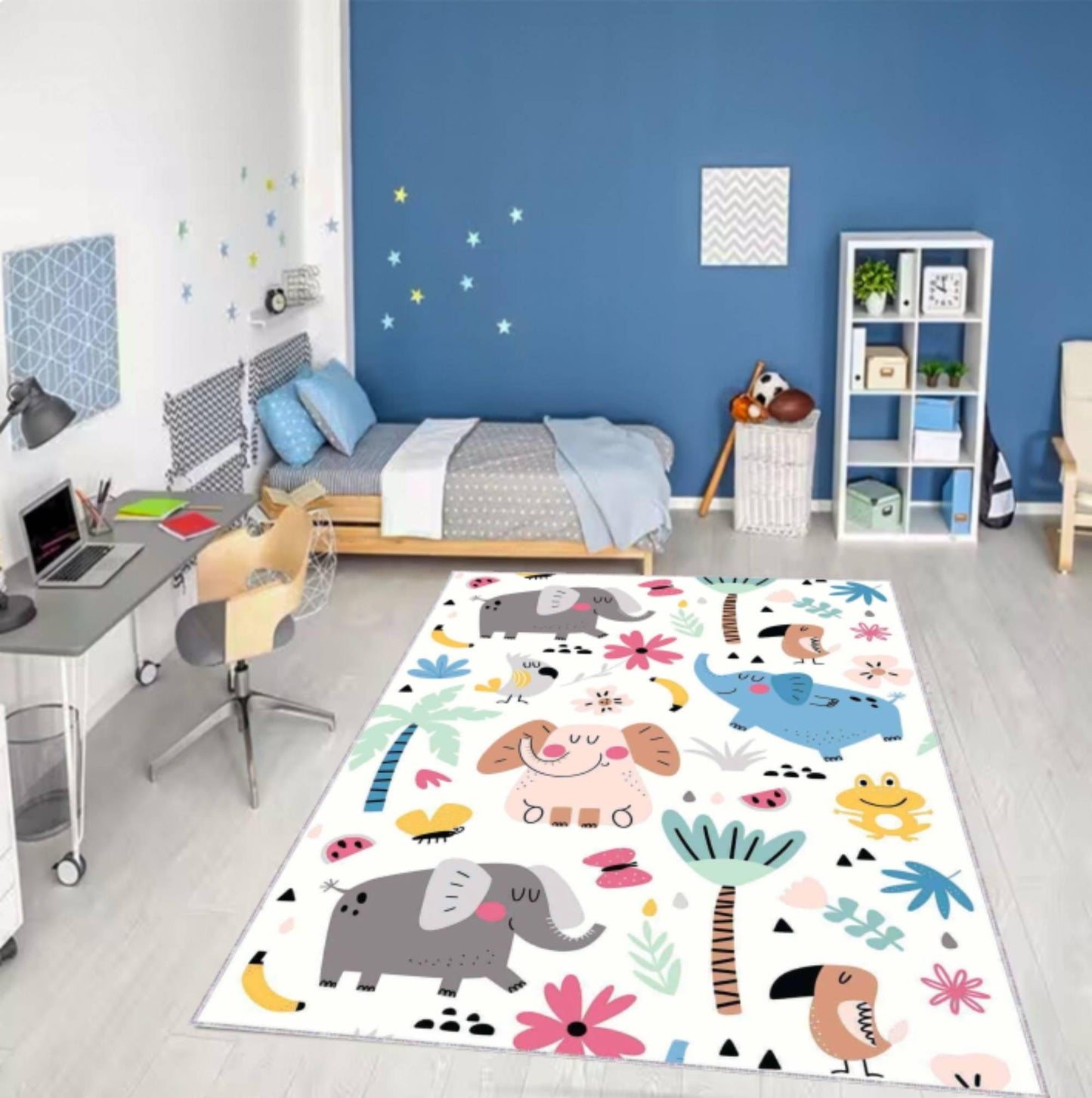 Washable Elephant Safari Kids Rug | Non-Slip Playroom Carpet