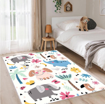 Washable Elephant Safari Kids Rug | Non-Slip Playroom Carpet