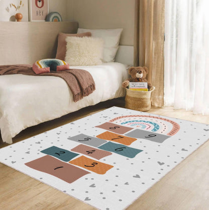 Hopscotch Play Rug for Kids, Washable rug, Non Slip Carpet, Educational Number Play Mat, Toddler rug, Nursery Rug, Kids Room Floor Carpet