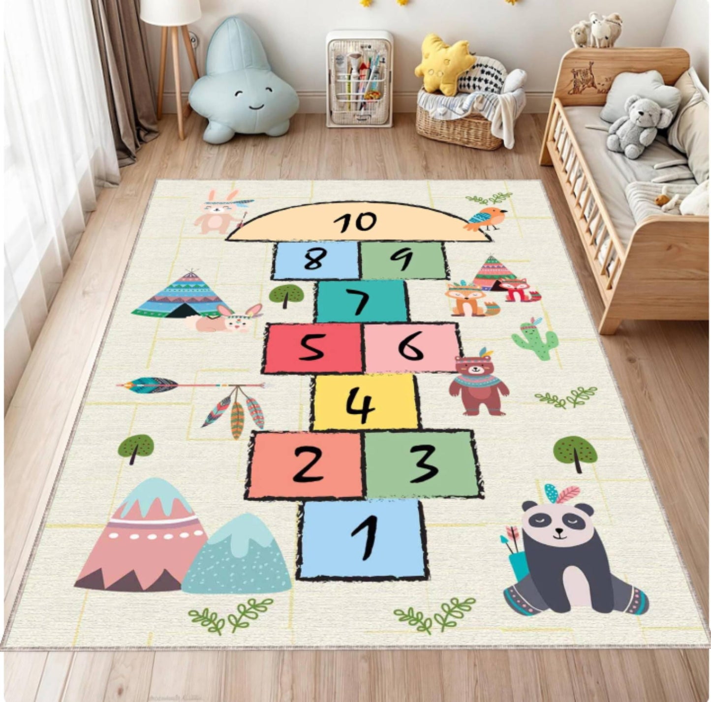 Children's play mat with a colorful hopscotch design in a room with toys and furniture.