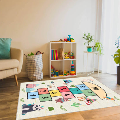 Woodland Animals Hopscotch Kids Rug | Washable Playroom Carpet