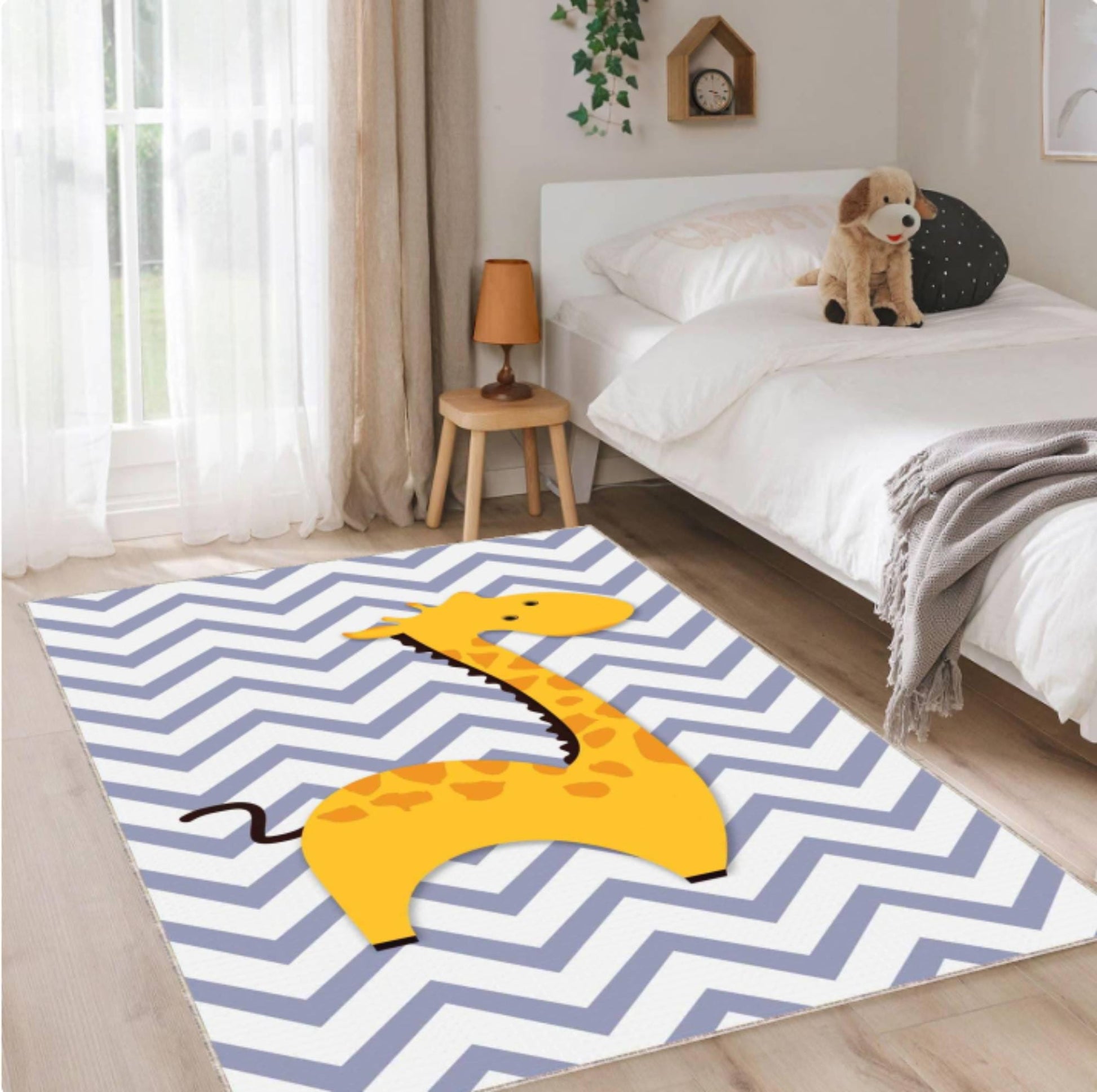 Giraffe Kids Rug, Chevron Nursery Carpet, Washable Playroom Mat