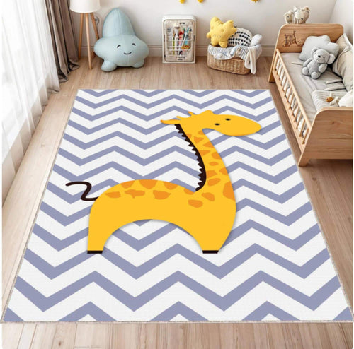 Children's room with a rug featuring a yellow dinosaur on a blue and white chevron pattern