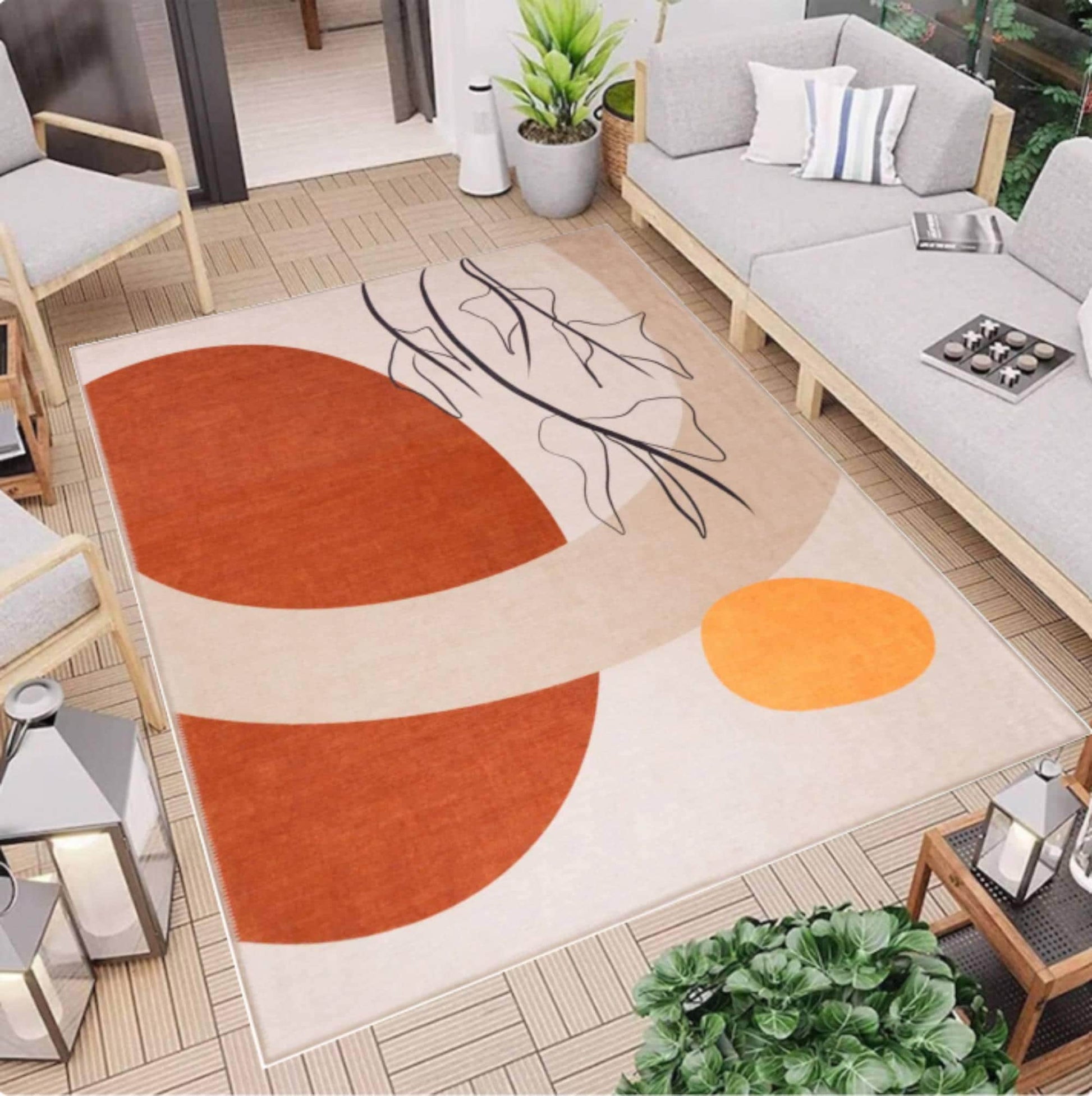 Abstract Modern Area Rug, Beige Terracotta Art Carpet, Washablerug, Non Slip Rug, Minimal Line Design Floor Decor, Boho Living Room Rug