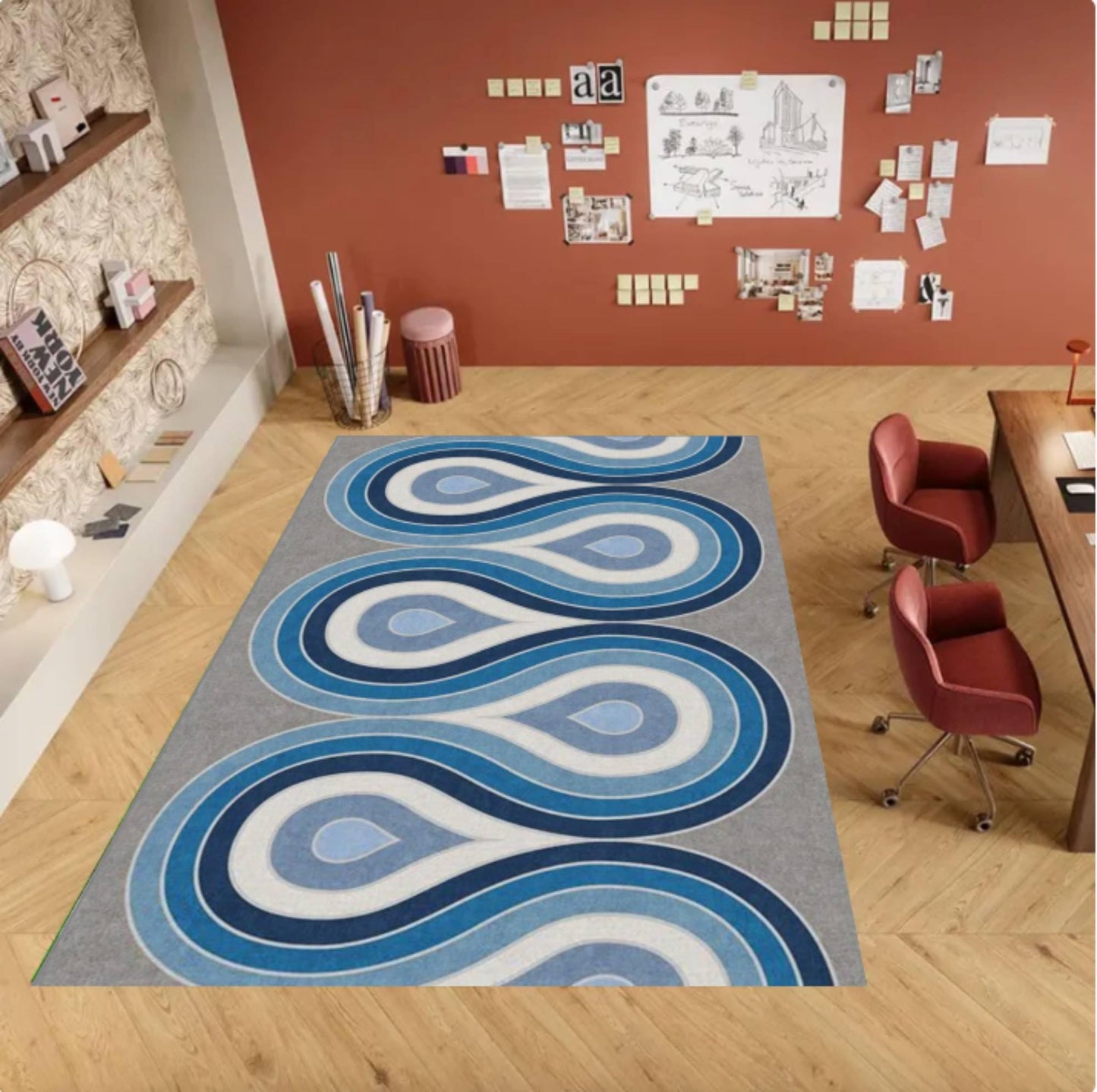 Blue Wavy Abstract Rug Scandinavian Washable Rug