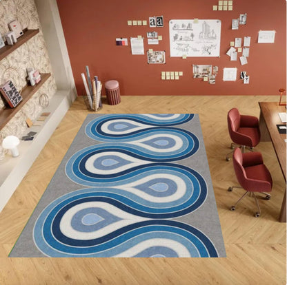 Blue Wavy Abstract Rug Scandinavian Washable Rug