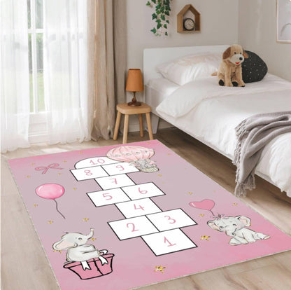 Hopscotch Kids Rug Pink Elephant Washable Decor for Kids Room