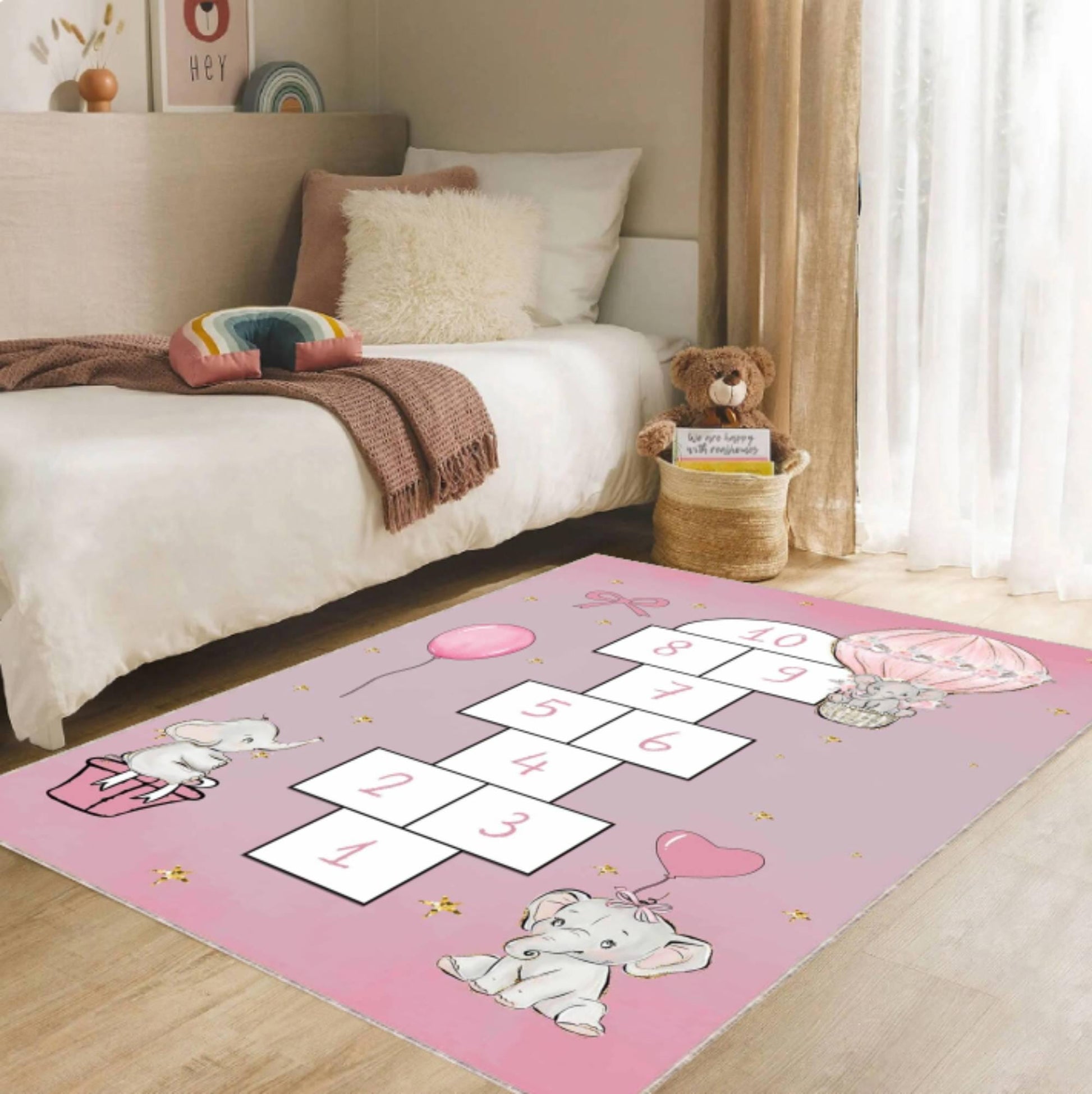 Pink Elephant Hopscotch Kids Rug, Washable Nursery Playroom Decor