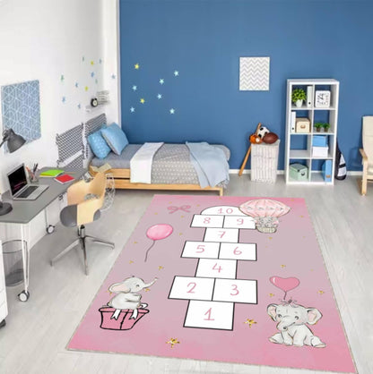 Hopscotch Kids Rug Pink Elephant Washable Decor for Kids Room