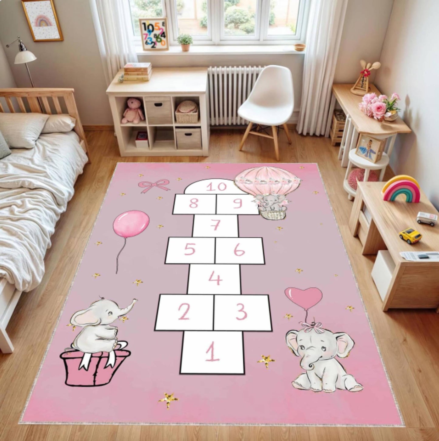 Hopscotch Kids Rug Pink Elephant Washable Decor for Kids Room