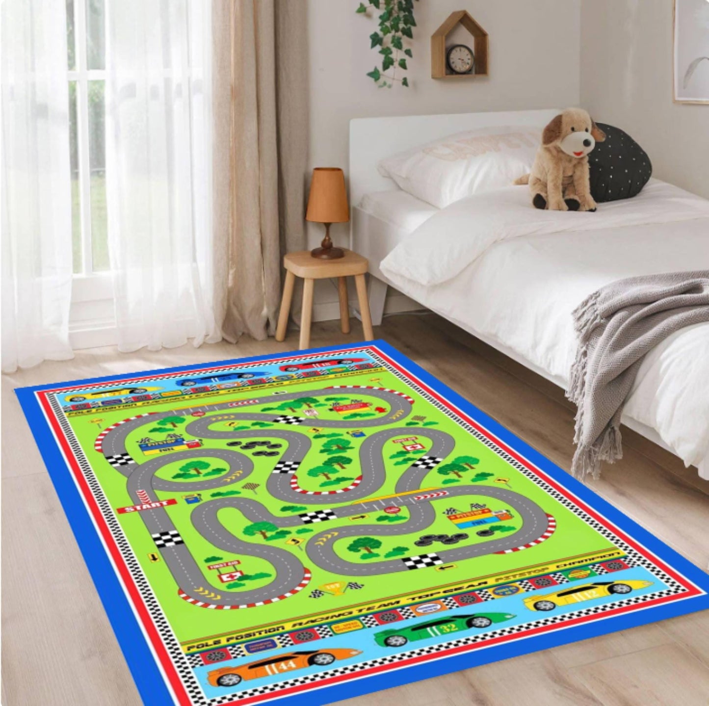 Race Track Kids Rug | Washable Play Mat for Babies