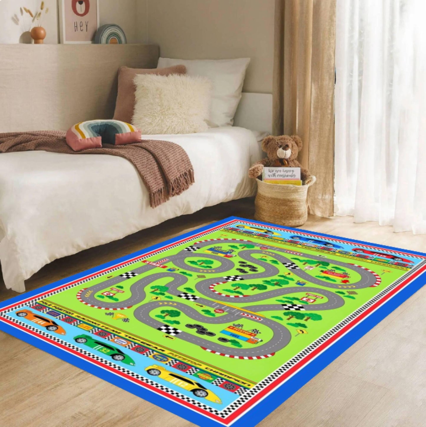 Race Track Kids Rug | Washable Play Mat for Babies