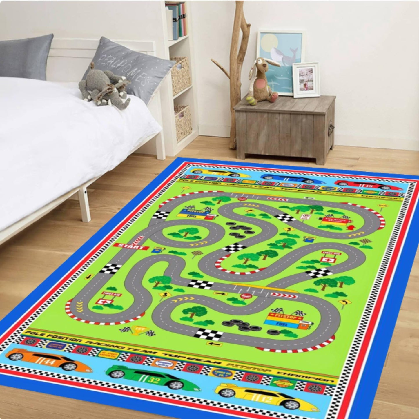 Race Track Kids Rug | Washable Play Mat for Babies