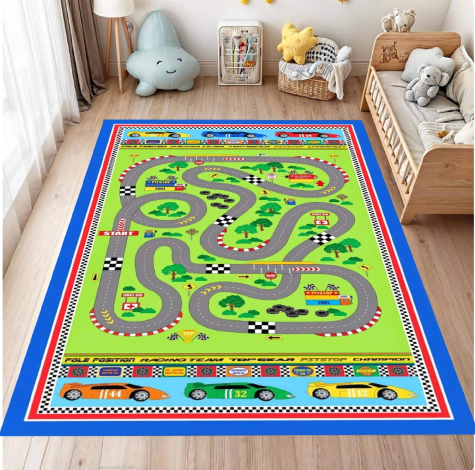 Colorful children's race track rug in a room with toys and furniture.