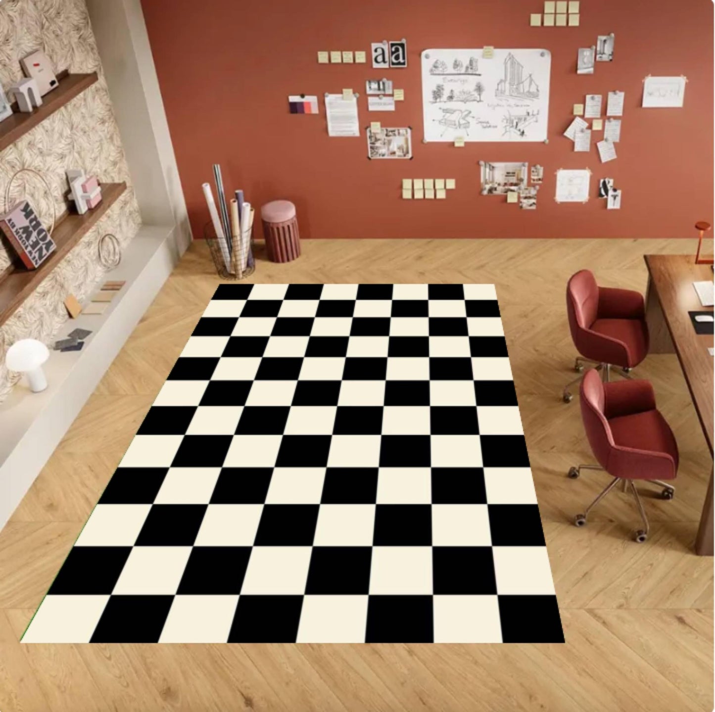 Modern Black and White Checkered Minimal Rug Washable Non-slip
