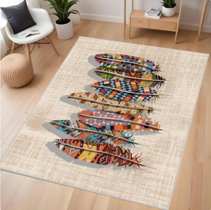 Rug with colorful feather design on a wooden floor