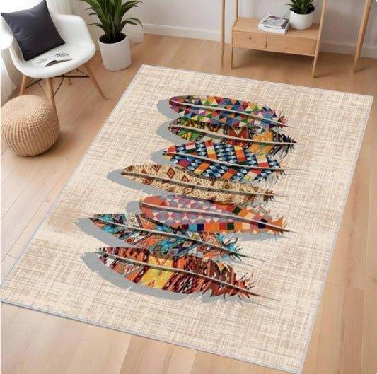 Rug with colorful feather design on a wooden floor